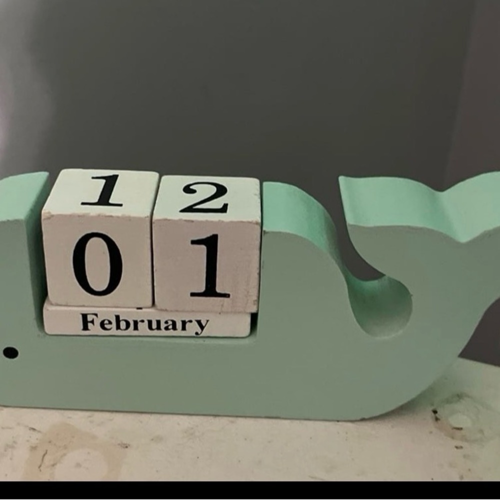 Mint green wooden whale block calendar  -12x4x3 home or office